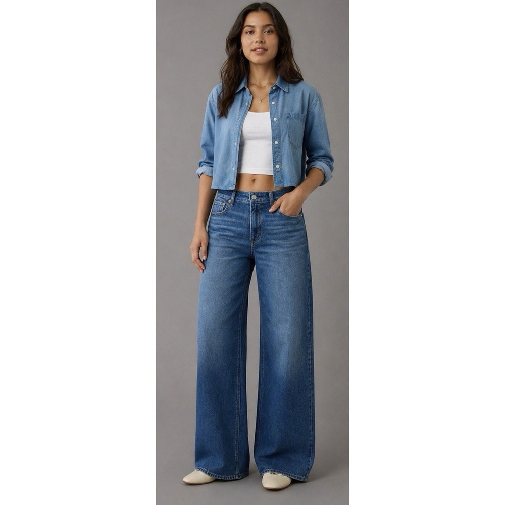 American Eagle Low Rise Baggy Wide Leg Jeans Comfort Stretch Blue Denim Sz 14 - Picture 11 of 12